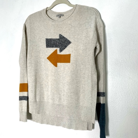 Lisa Todd Cotton/Cashmere Cream Gray Mustard Split Side Arrow Sweater. Size XS - Picture 1 of 7